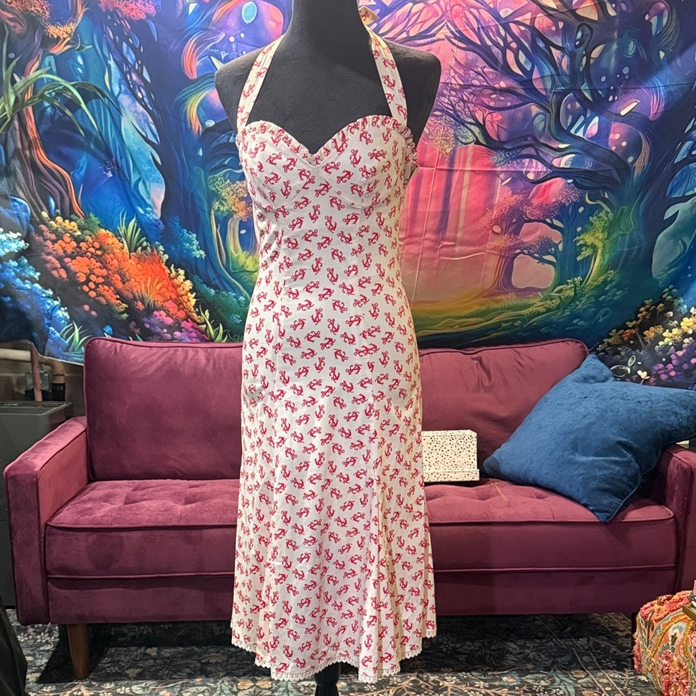 Betsey Johnson ahoy red anchor white cotton sundress Midi Dress pin up retro 6
